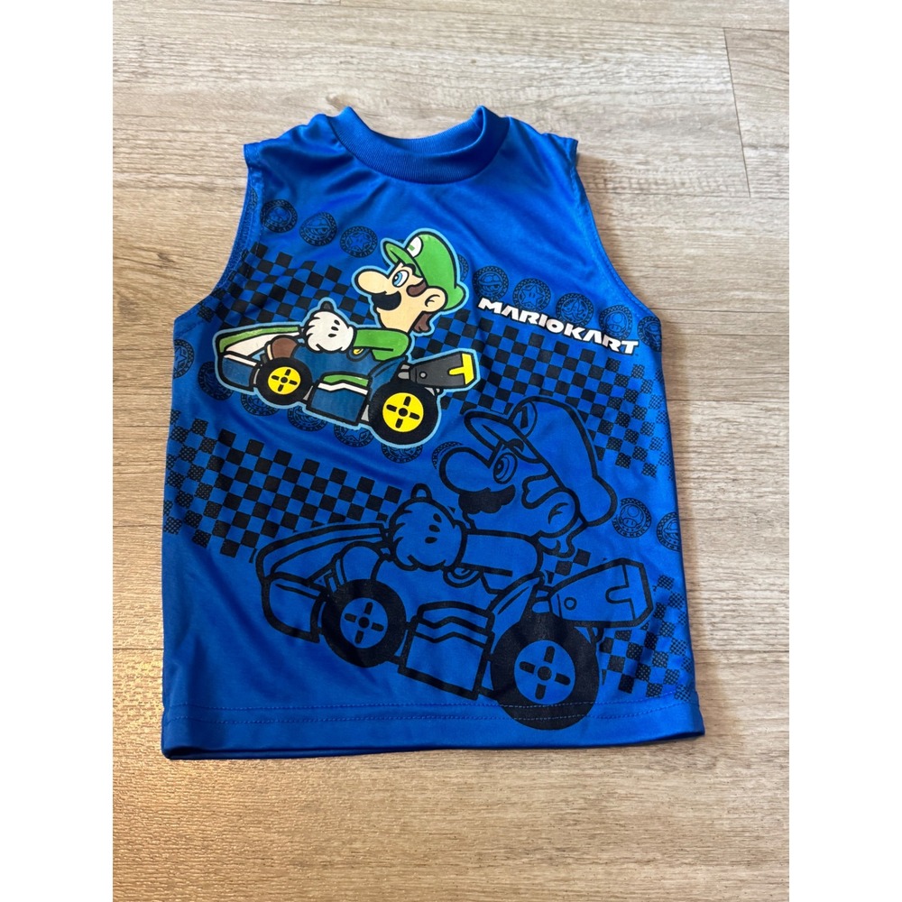 Mario Kart Luigi Blue Sleeveless Graphic Tank Top Boys Size 4 Nintendo Racing